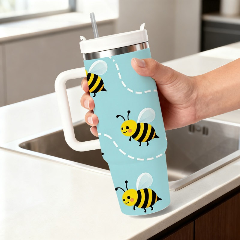 Sublimation Mug White - Verspielter Cartoon-Bienen- und Weißblumen-Druck 40Oz Edelstahl-Isolierbecher